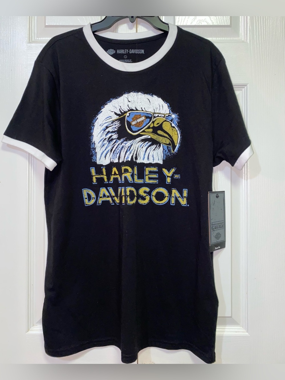 Harley-Davidson Men's Black Ringer T-Shirt with Eagle Graphic (Sz L) Ptp 21”